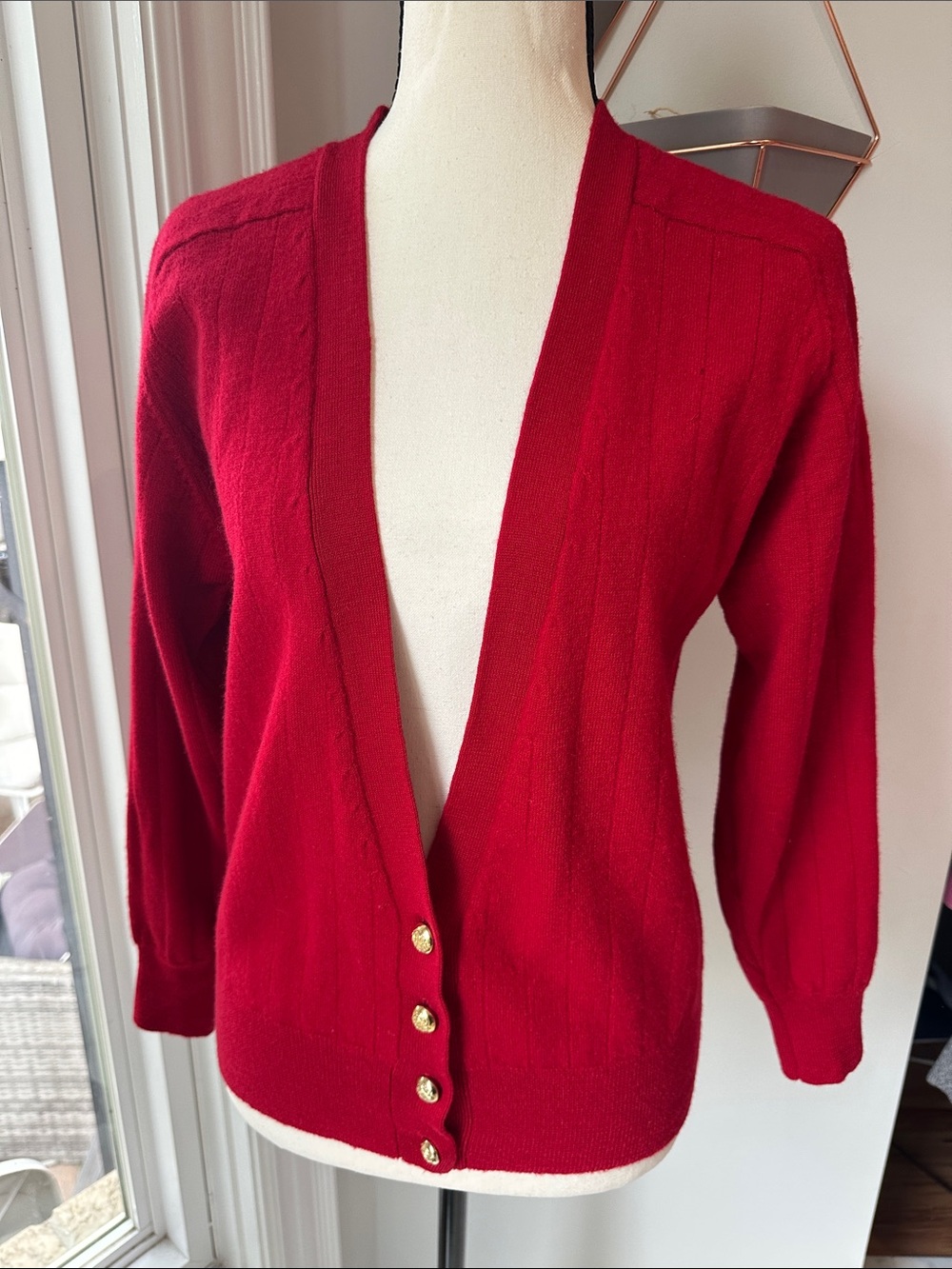 VINTAGE EATON’S Wool Red V-Neck Button Cardigan Cable Knit Sweater Size Small